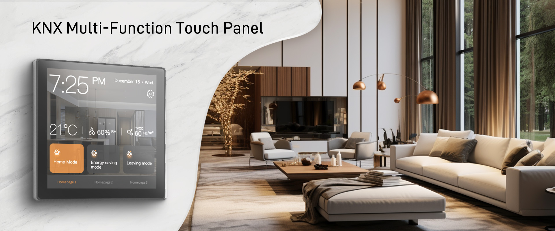 KNX LCD multi-function touch panel with exquisite aluminum alloy frame could arbitrarily defined lighting, curtains, dimming, RGB dimming, AC, floor heating, fresh air, HAVC, background music, power query, air quality control, timing management, scenes management etc.
